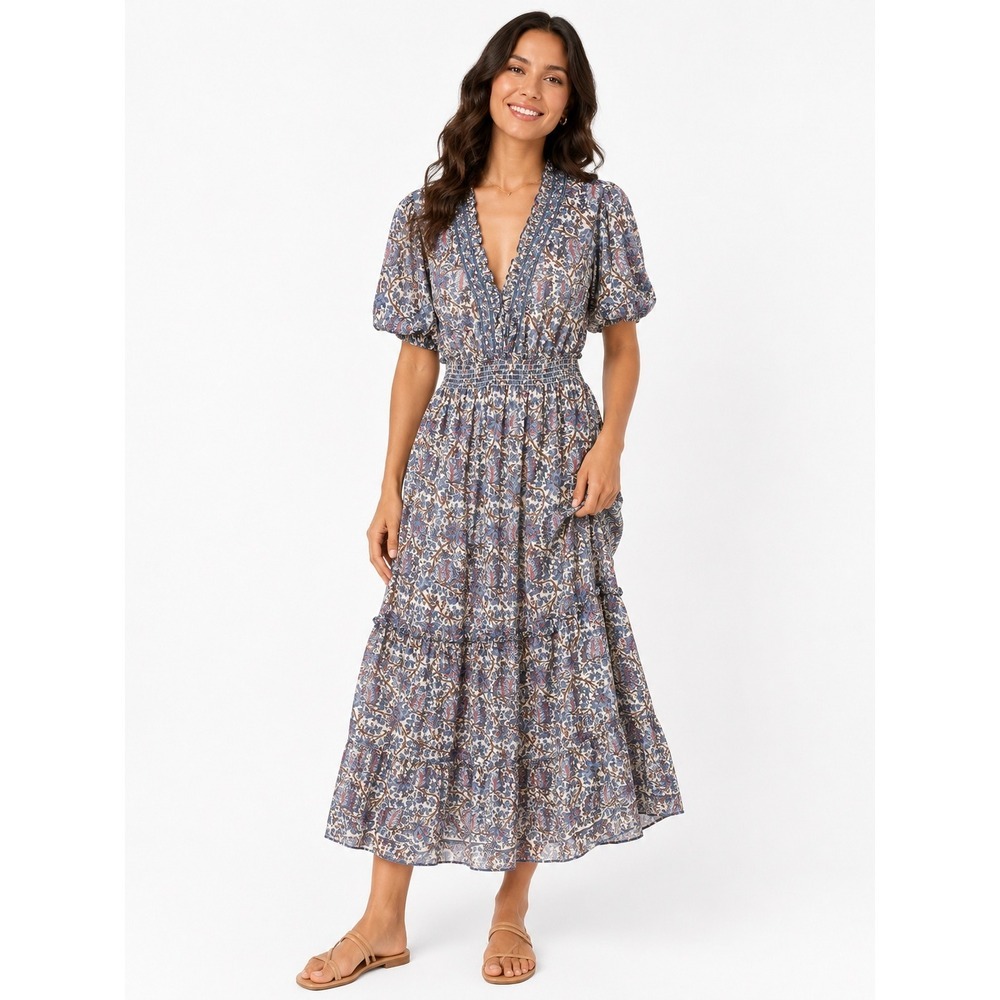 Max Studio Floral Paisley Maxi Dress Purple Blue Smocked Waist V-Neck NWT Small